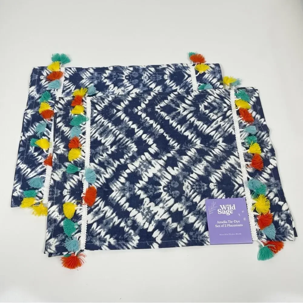 NWT Wild Sage Amelia Indigo Tie Dye Tassel Placemats Set of 4